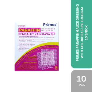 PRIMES PARAFFIN GAUZE DRESSING WITH CHLORHEX 0.5% 10X10CM 10'S/BOX