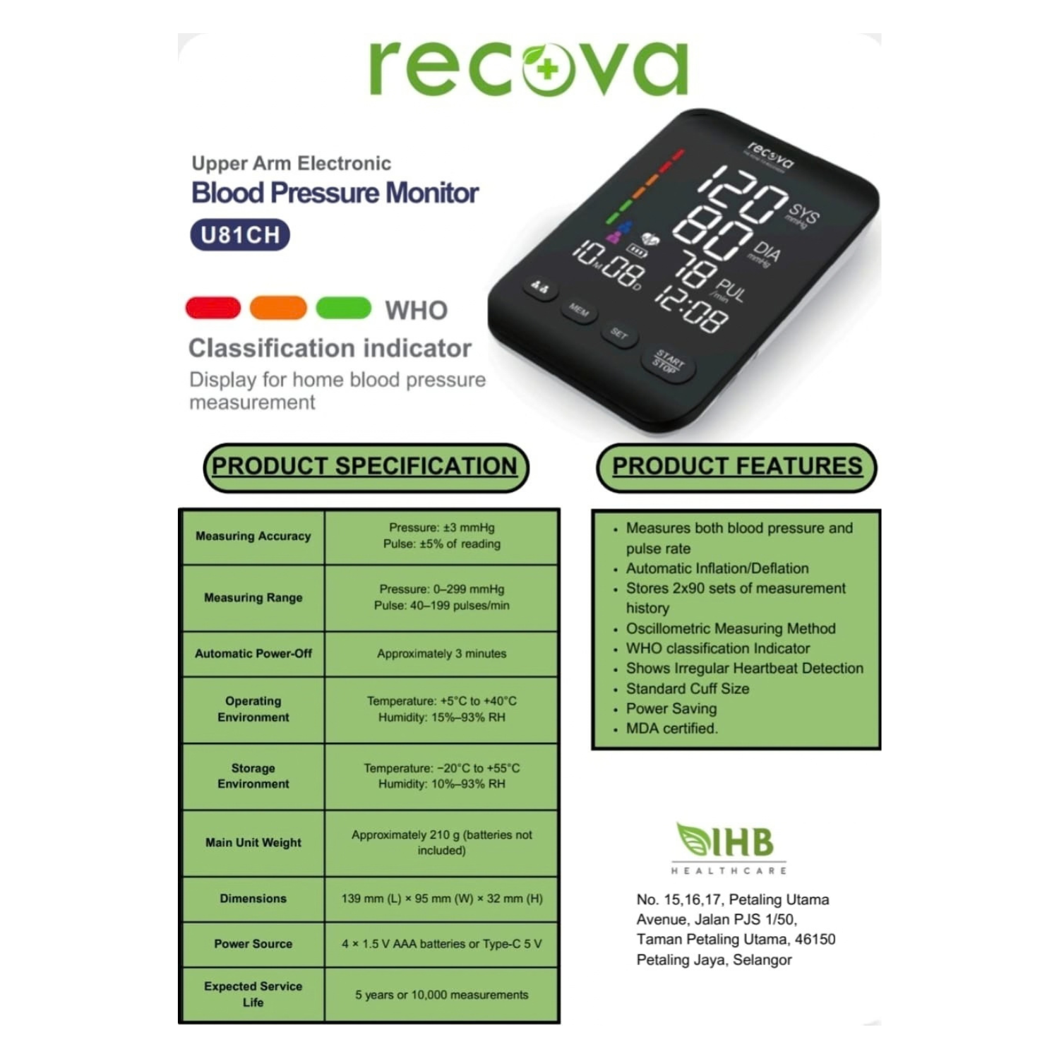 RECOVA U81CH BLOOD PRESSURE MONITOR - Image 3